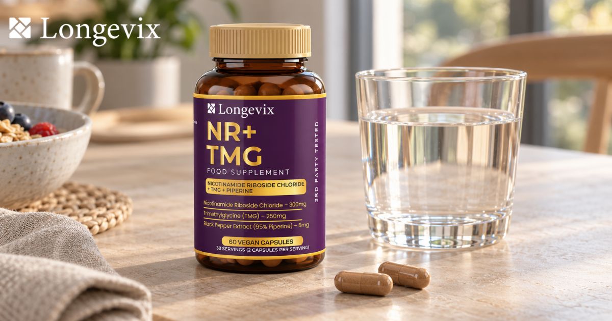 Longevix NR and TMG capsules bottle beside a glass of water and capsules