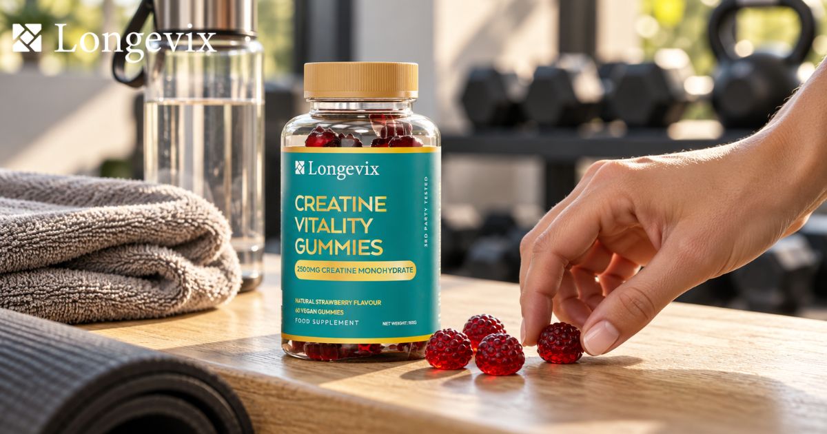 Longevix Creatine Vitality Gummies bottle with red gummies and gym equipment