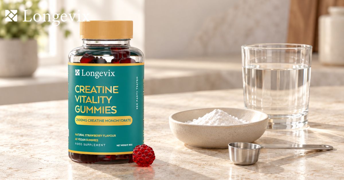 Longevix Creatine Vitality Gummies beside an unbranded dish of powder, measuring spoon and water