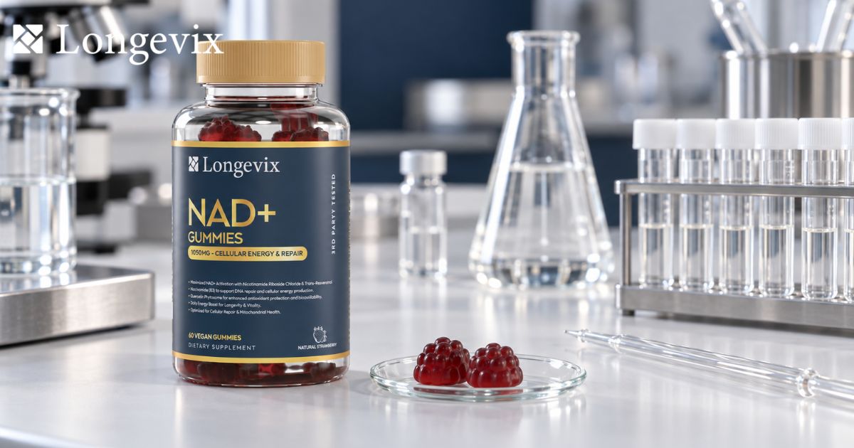 Longevix NAD+ Support Gummies beside laboratory glassware and sample tubes