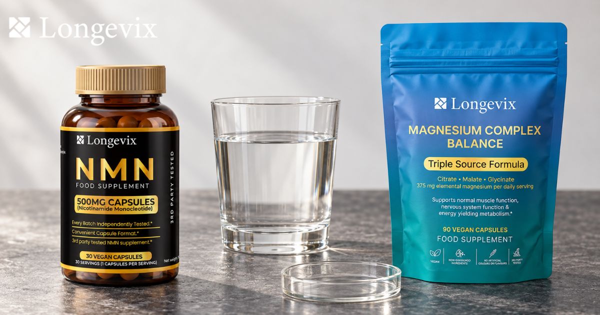 Longevix NMN capsules bottle beside Magnesium Complex pouch and water