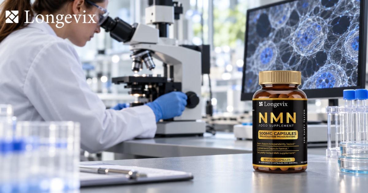 Longevix Pure NMN Capsules 500mg on a laboratory bench beside realistic cellular research equipment.
