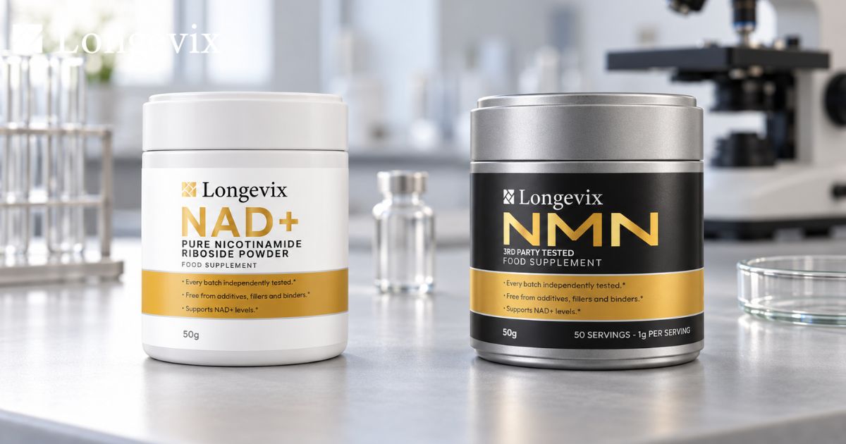 Longevix NR and NMN powder containers displayed separately on a clean science inspired workbench