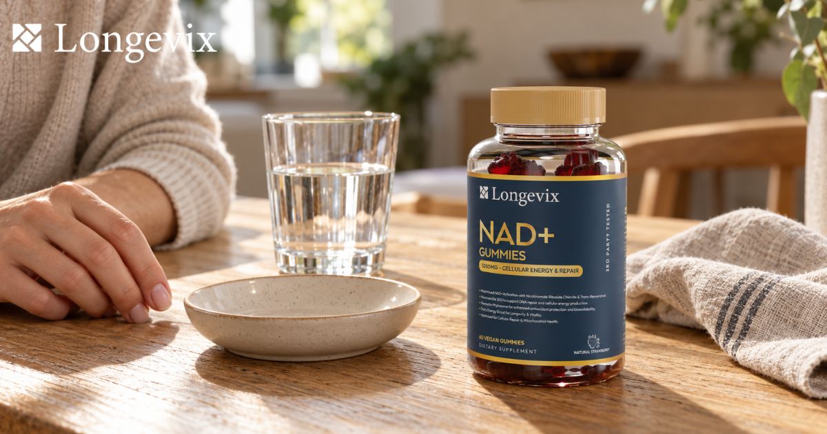 Longevix NAD+ Support Gummies bottle beside a water glass and empty dish in an everyday routine