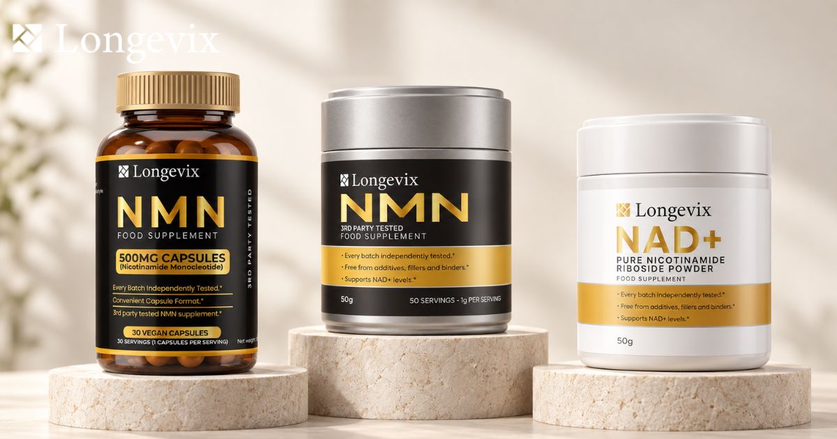 Longevix NMN Capsules, NMN powder and nicotinamide riboside powder displayed together