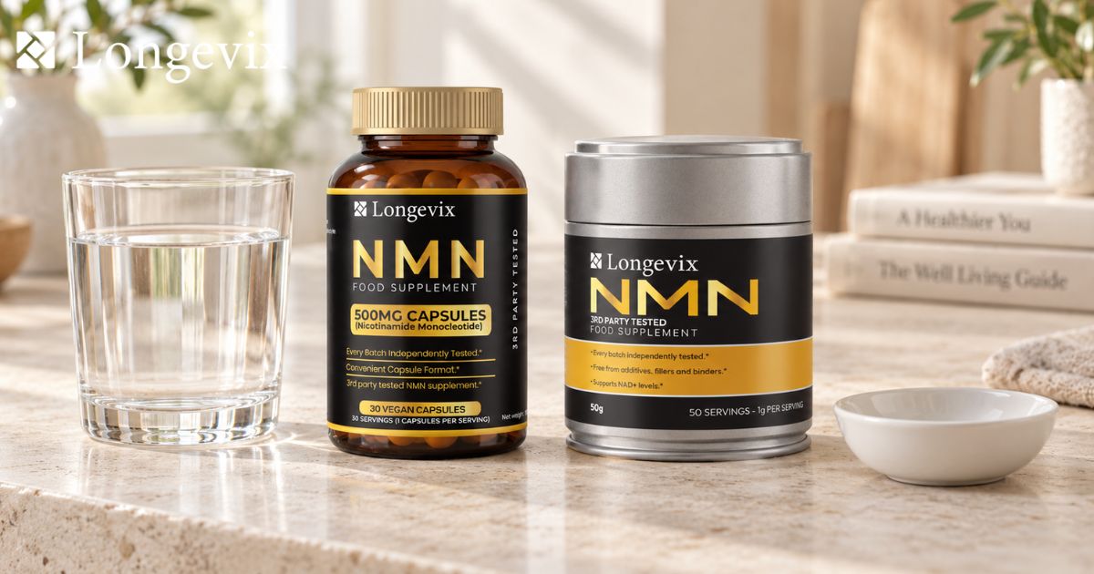 Longevix NMN capsules bottle and NMN powder tin with water on a bright tabletop