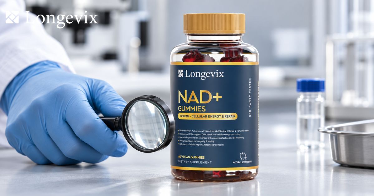 Longevix NAD+ Support Gummies beside a magnifying glass and laboratory equipment