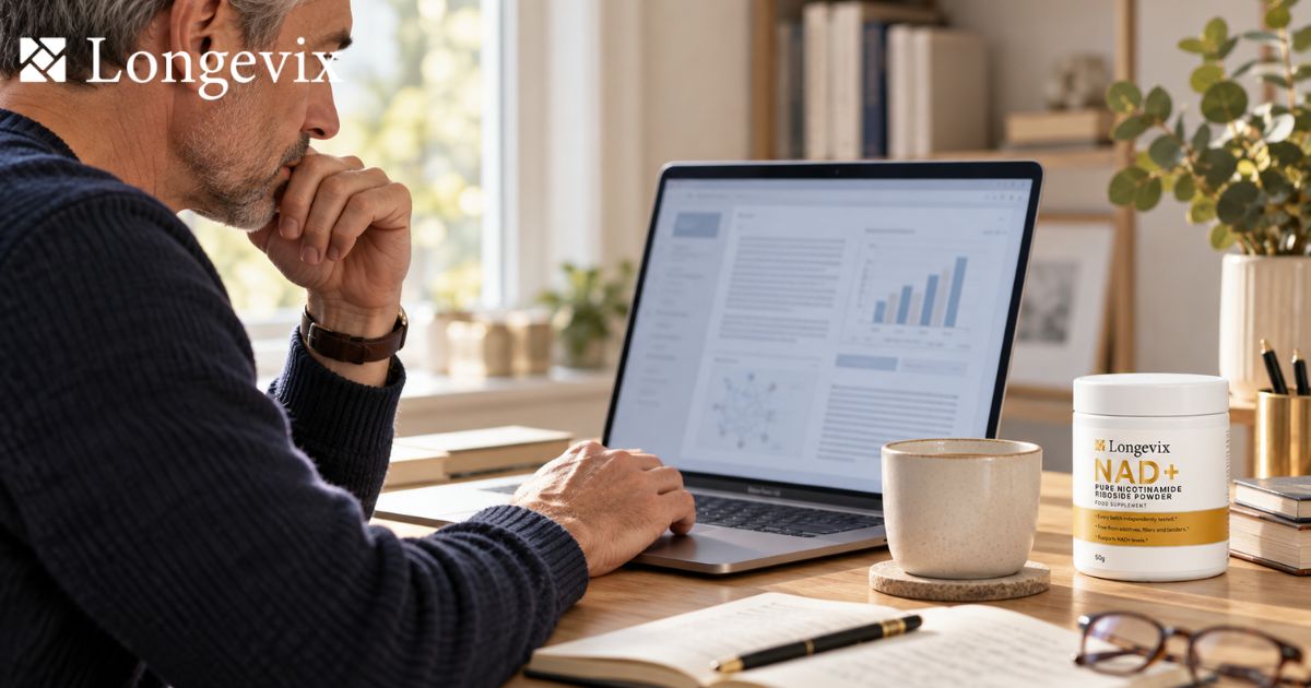 Person reading research on a laptop beside Longevix nicotinamide riboside powder