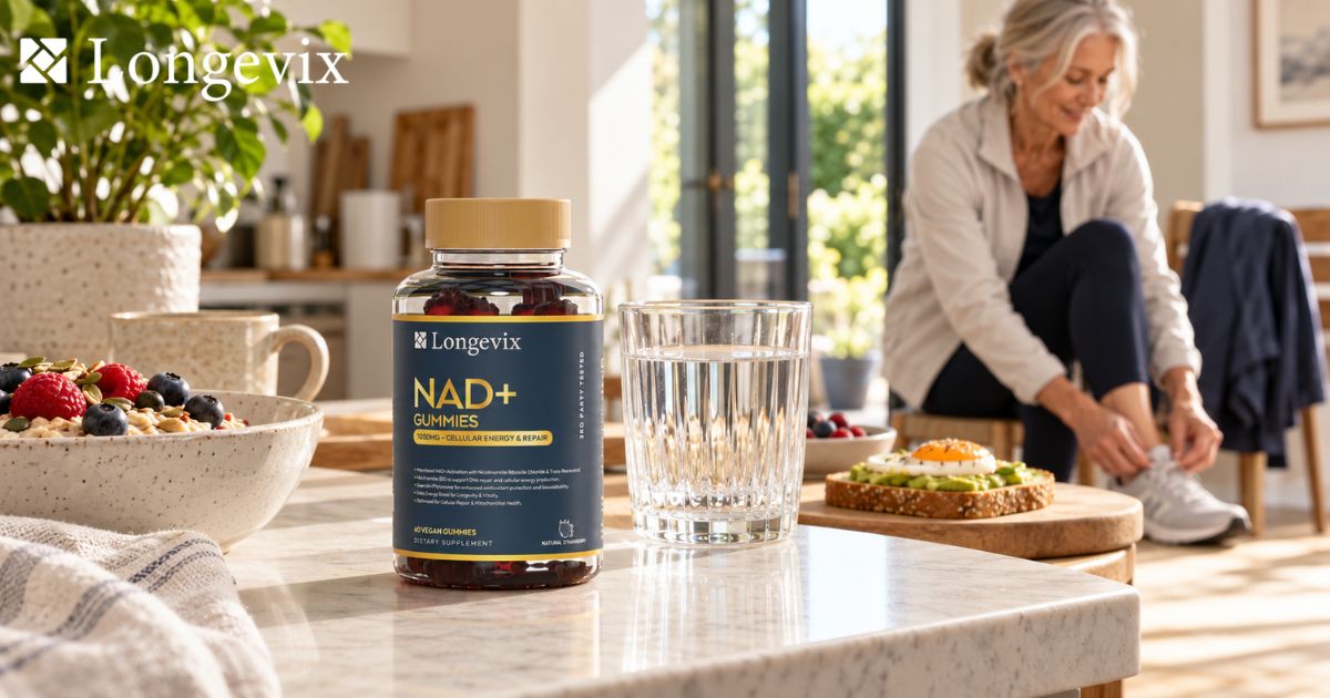 Longevix NAD+ Support Gummies beside breakfast and an older woman at home