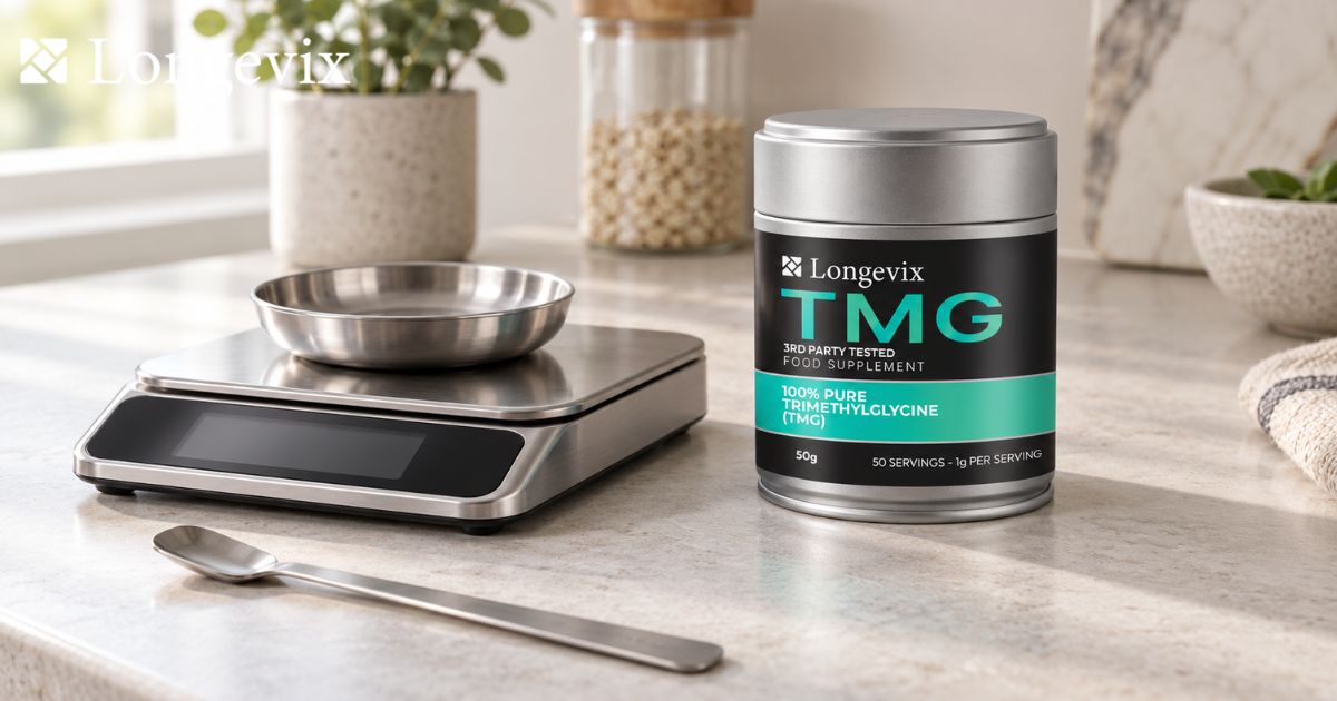 Longevix TMG powder beside a precision scale and measuring spoon
