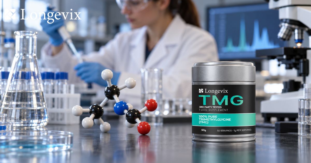 Longevix TMG powder beside a scientist using laboratory equipment