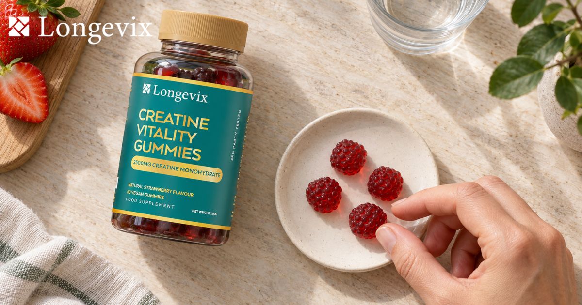 Longevix Creatine Vitality Gummies beside strawberries and red gummies on a table