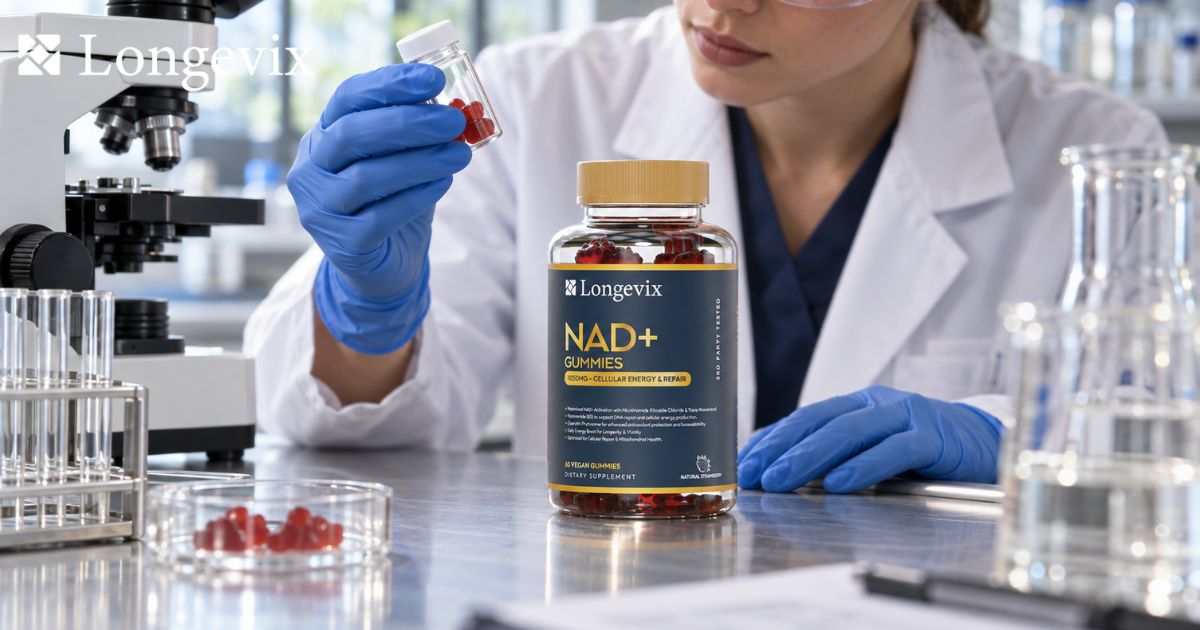 Laboratory researcher using a dropper beside Longevix NAD+ Support Gummies