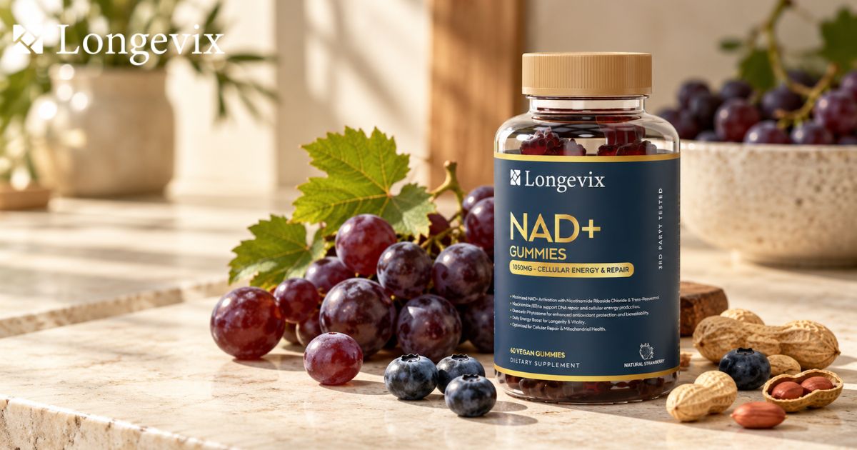 Longevix NAD+ Support Gummies beside purple grapes, blueberries and peanuts on a pale stone table