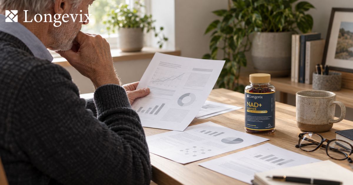 Person reviewing documents with Longevix NAD+ Gummies bottle on a desk