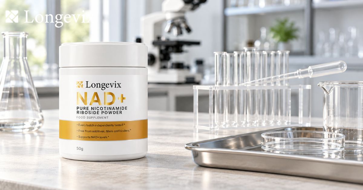 Closed Longevix nicotinamide riboside powder container beside laboratory glassware in a bright research setting