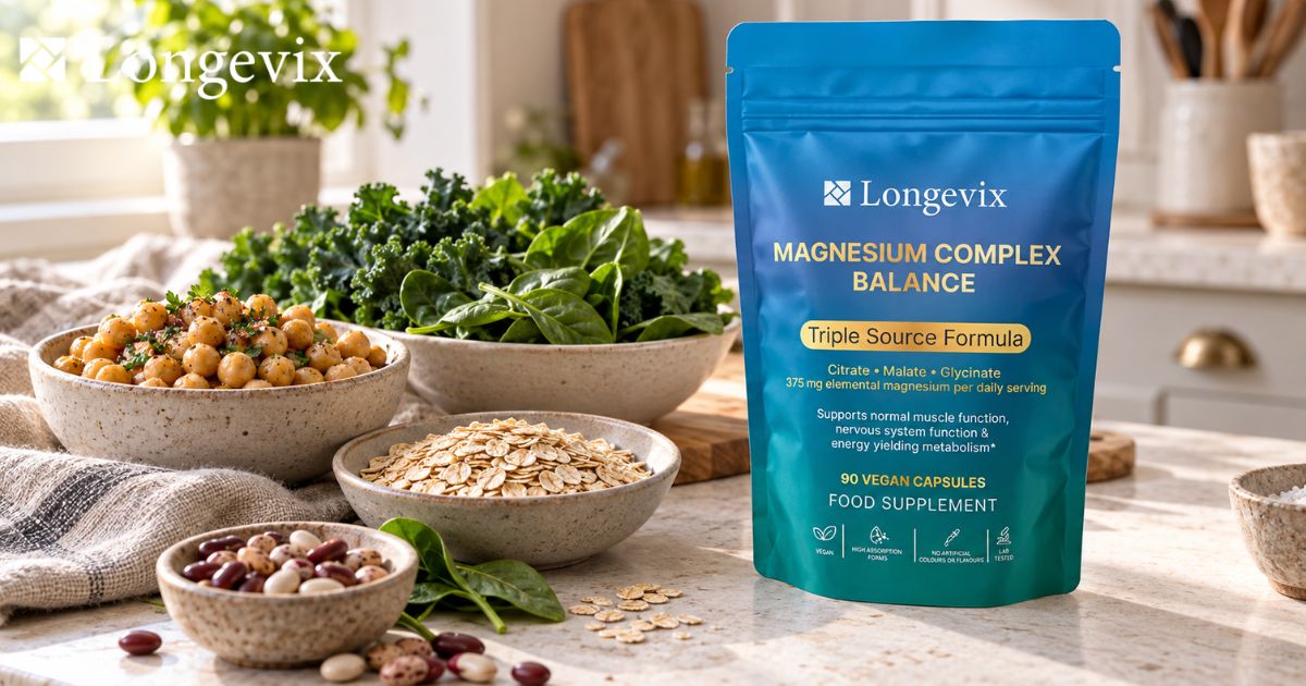 Longevix Magnesium Complex pouch beside a balanced selection of chickpeas, leafy greens and whole grains