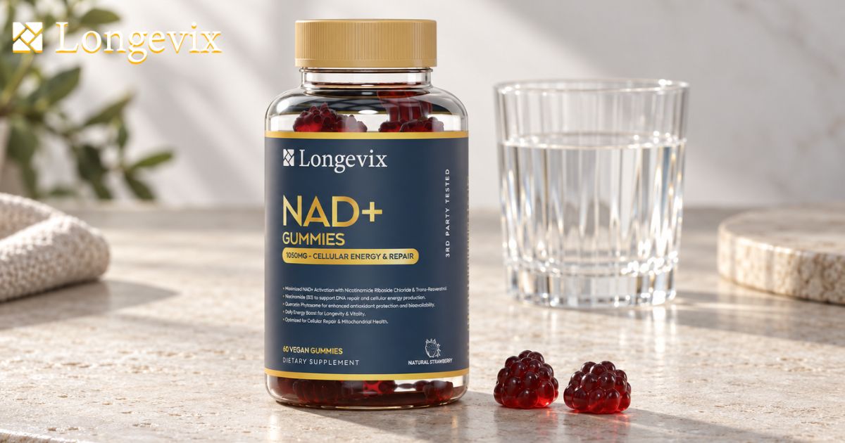 Longevix NAD+ Support Gummies beside red gummies and water glass