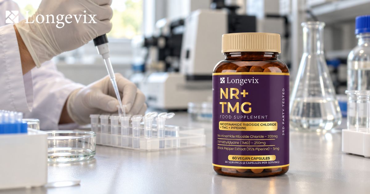 Longevix NR + TMG Capsules on a laboratory bench with research equipment used in biological investigations
