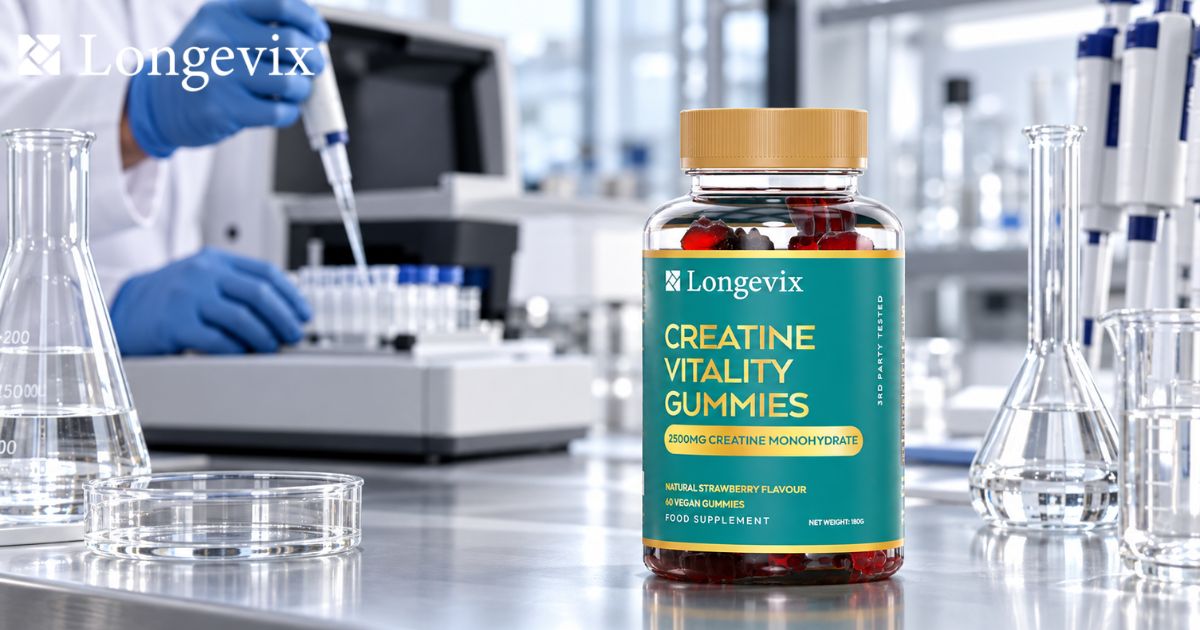 Longevix Creatine Vitality Gummies beside laboratory pipettes and glassware