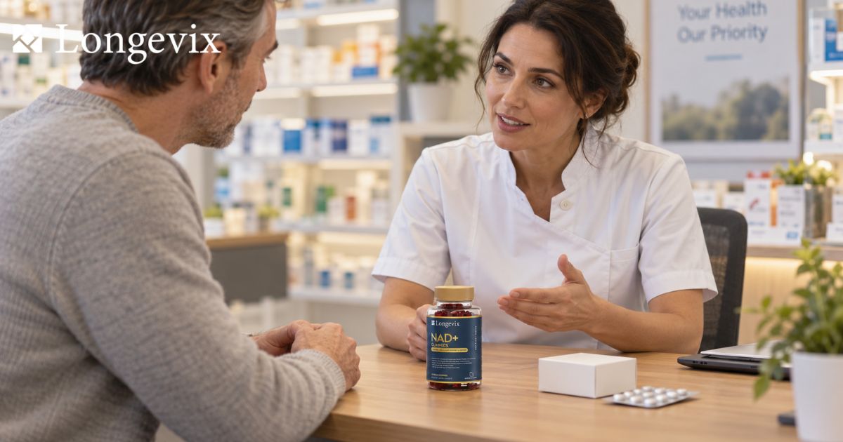 Pharmacist and customer reviewing Longevix NAD+ Support Gummies beside unbranded medication packaging