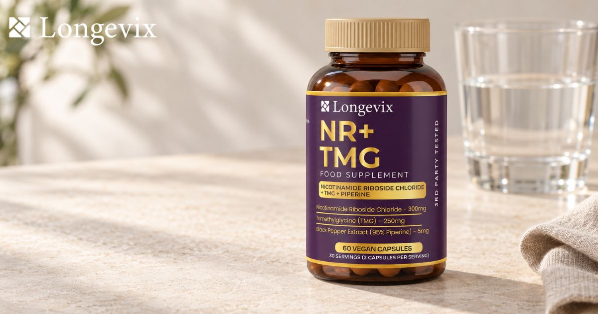 Longevix NR + TMG Capsules bottle beside a glass of water in a clean premium wellness setting.