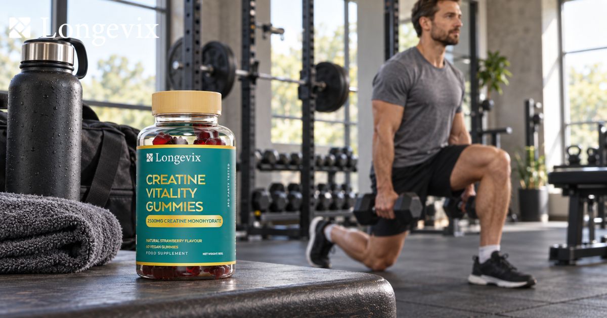 Longevix Creatine Vitality Gummies bottle in a gym with a man exercising