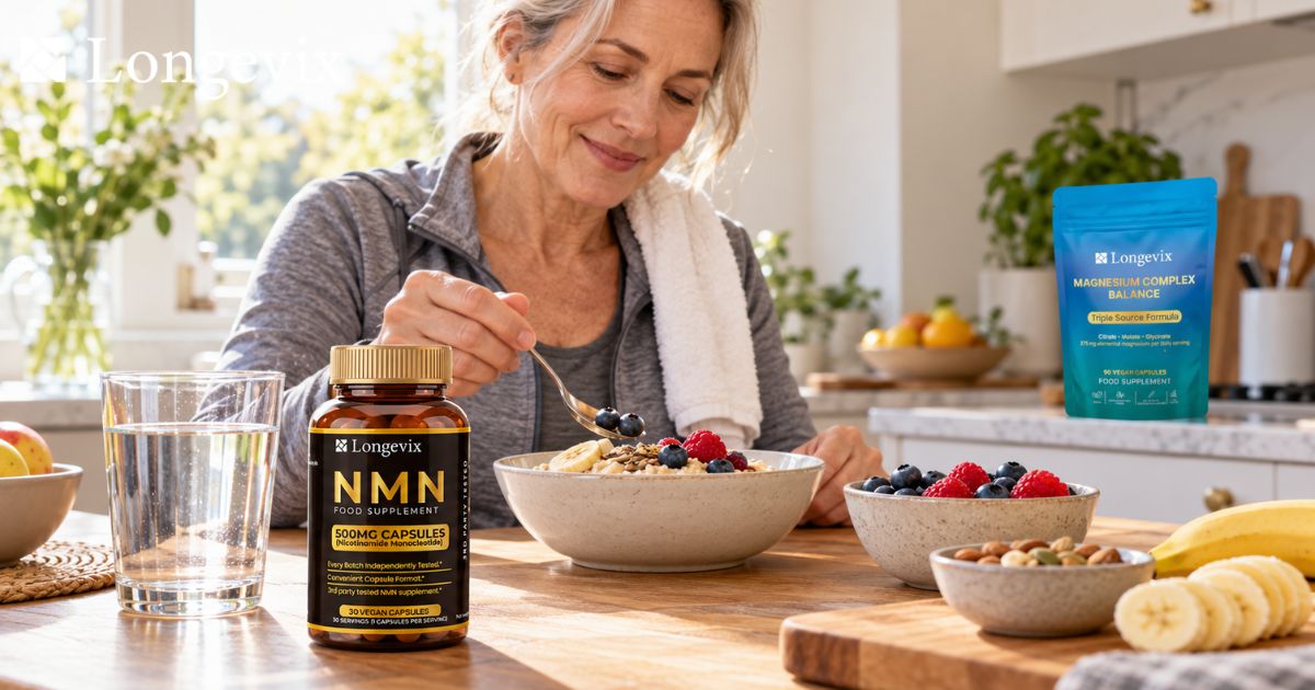 Woman preparing a fruit bowl beside Longevix NMN capsules and magnesium supplement