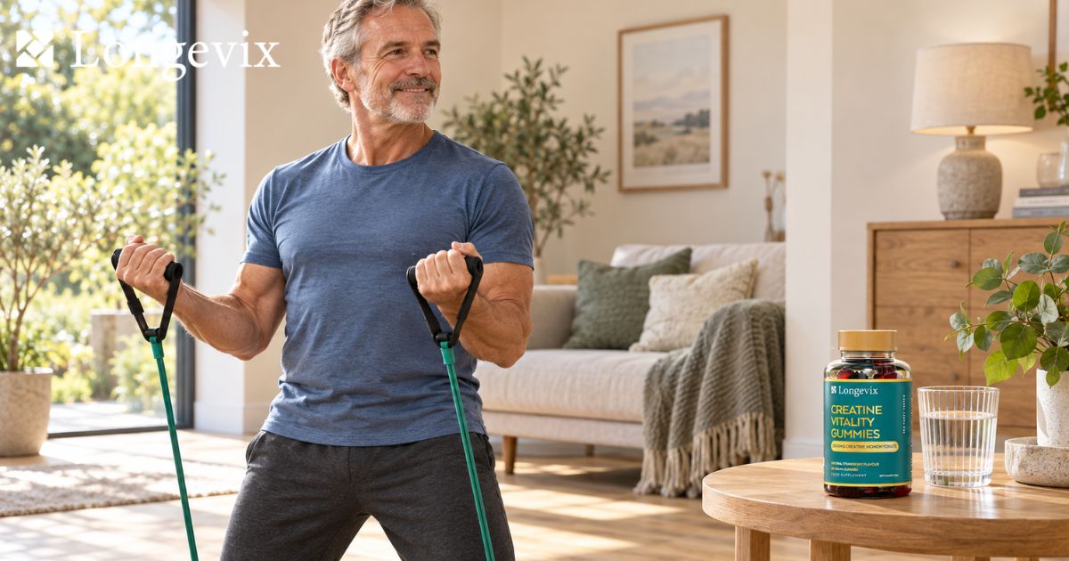 Mature man exercising with a resistance band at home, with Longevix Creatine Vitality Gummies nearby