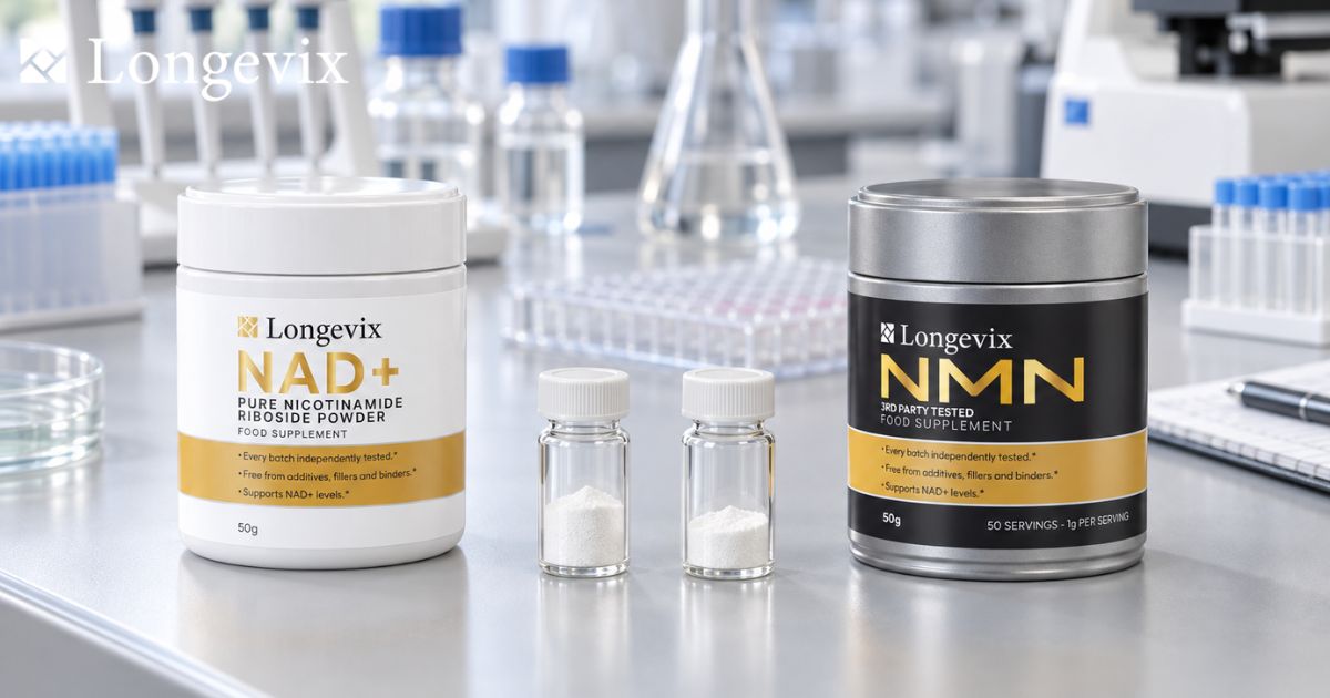 Longevix nicotinamide riboside powder and NMN powder on a laboratory worktop