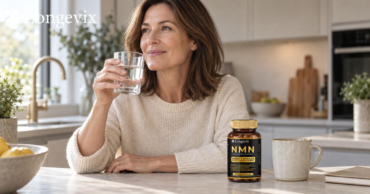 Midlife woman at a bright kitchen counter beside Longevix Pure NMN Capsules and a glass of water.