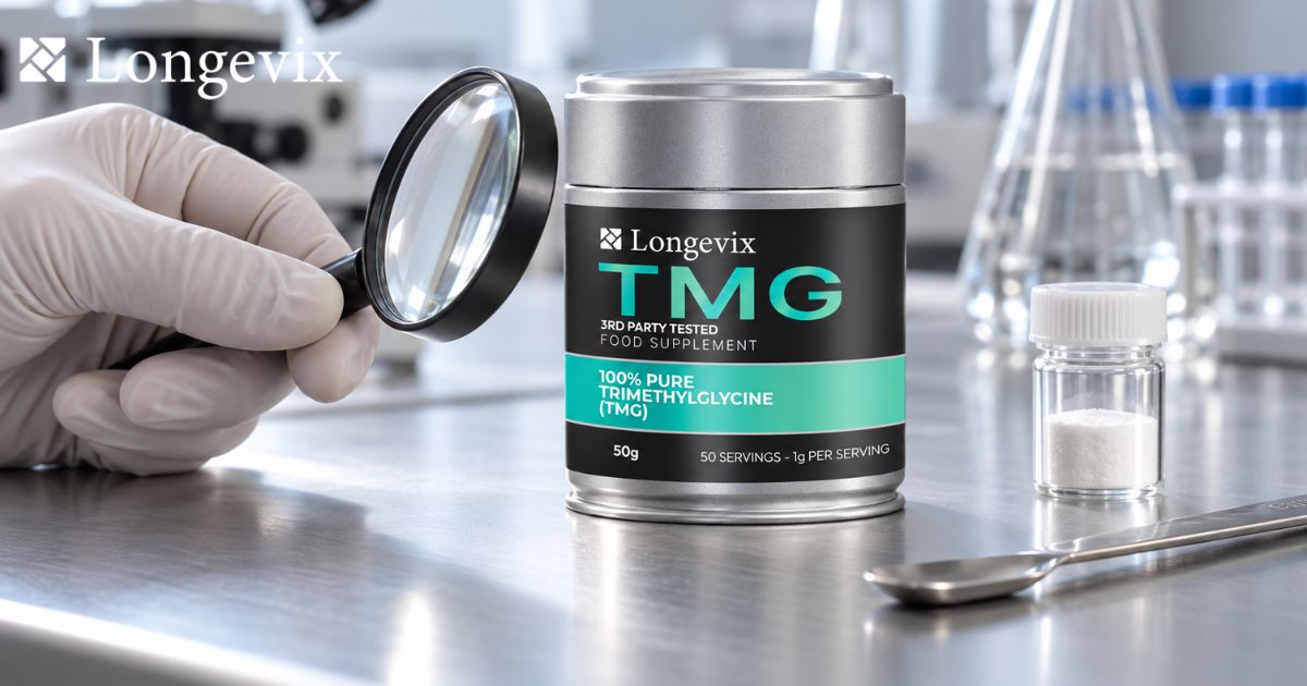 Gloved hand holding a magnifying glass beside Longevix TMG powder in a laboratory