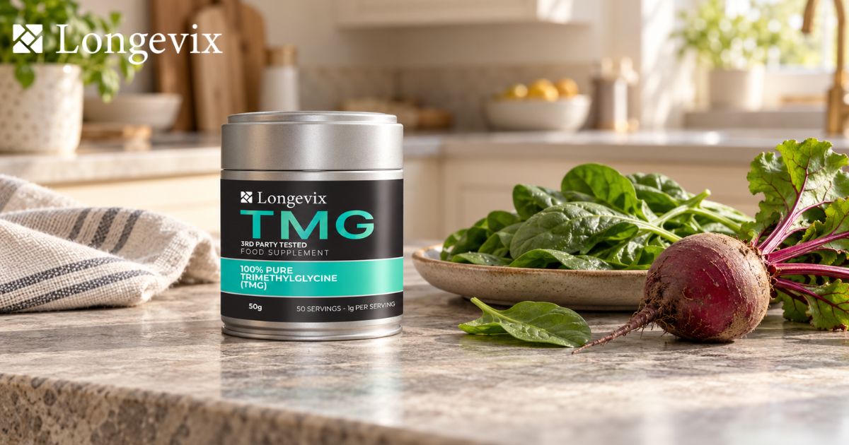 Longevix Pure TMG Powder 50g tin beside fresh beetroot and spinach on a natural kitchen worktop