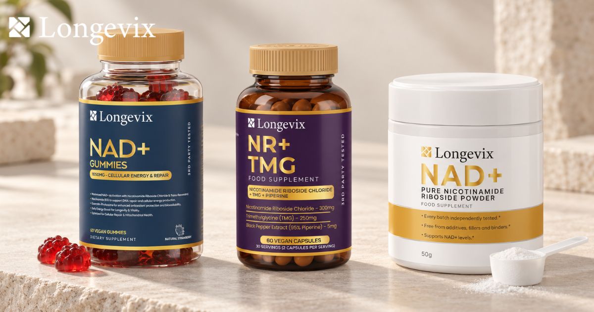 Longevix NAD+ Gummies, NR plus TMG capsules and NR powder displayed together