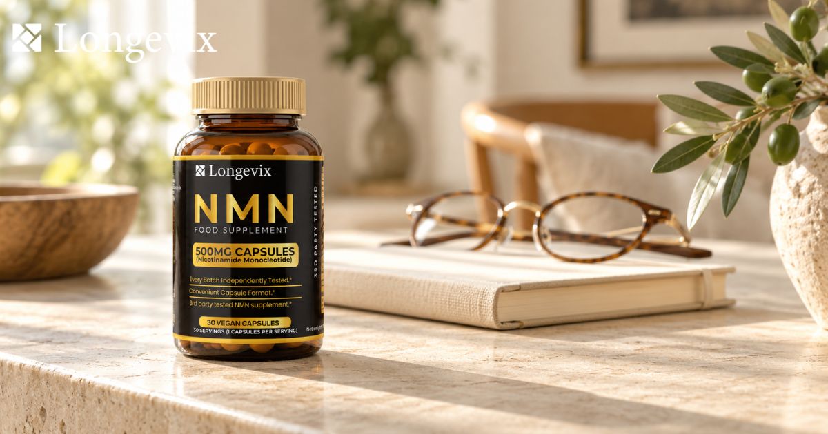 Longevix Pure NMN Capsules 500mg on a sunlit stone table with a notebook in a modern wellness setting