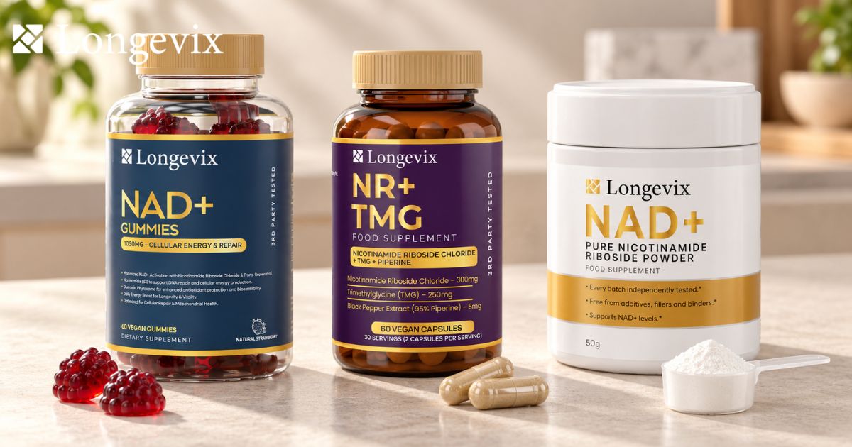 Longevix NAD+ Gummies, NR plus TMG capsules and NR powder side by side