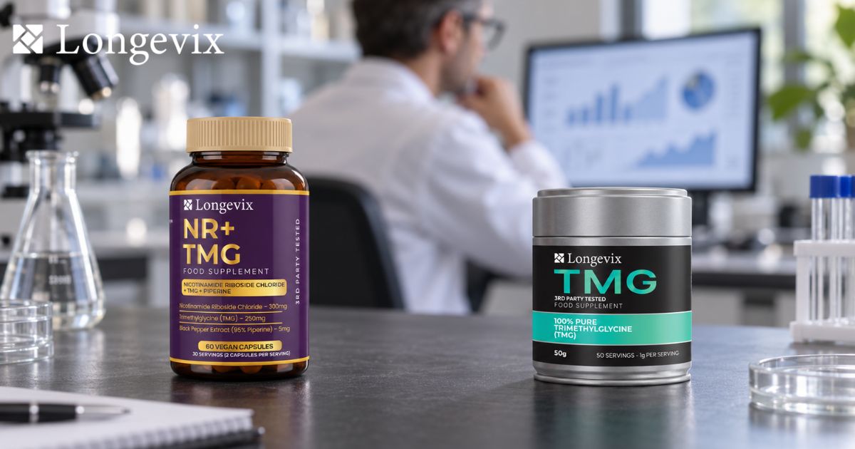 Longevix NR plus TMG capsules and TMG powder with researcher examining charts
