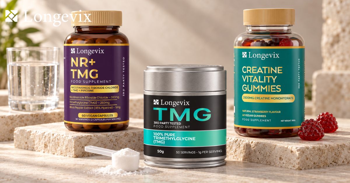Longevix TMG powder, NR plus TMG capsules and Creatine Vitality Gummies on display