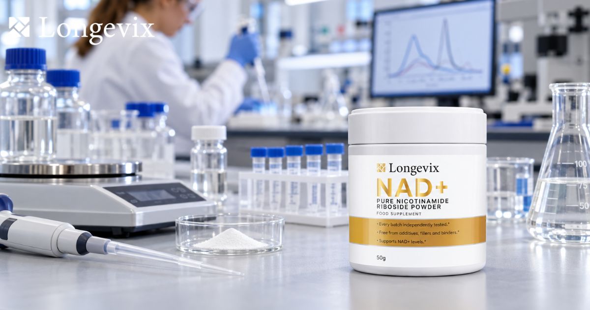 Longevix nicotinamide riboside powder in a laboratory beside scientific equipment