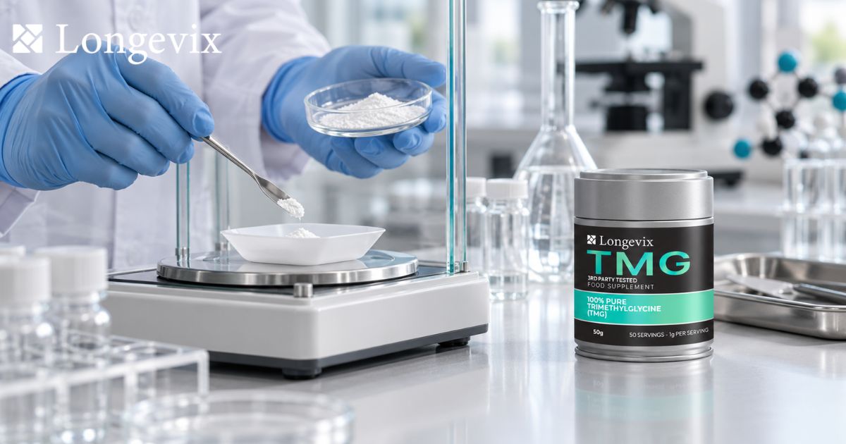 Gloved scientist weighing powder beside Longevix TMG supplement tin