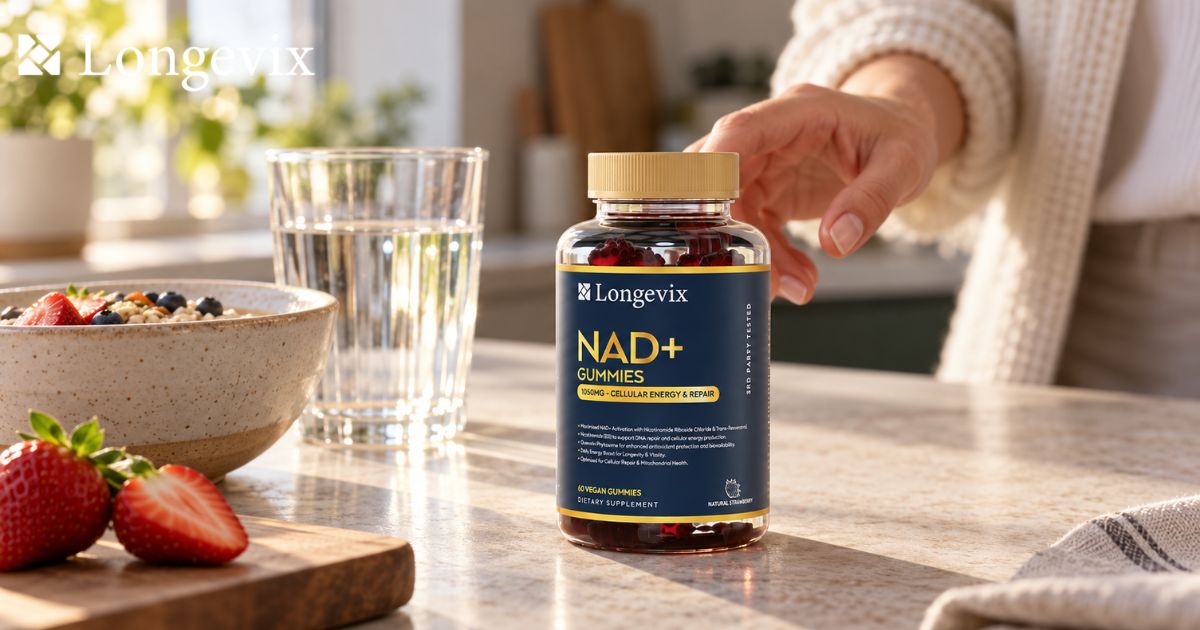 Longevix NAD+ Support Gummies beside strawberries and a glass of water