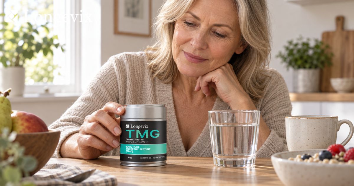 Woman reading Longevix TMG powder label at a breakfast table
