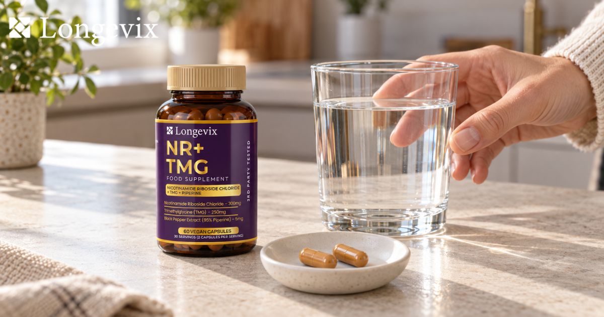 Longevix NR plus TMG capsules beside a glass of water and capsules