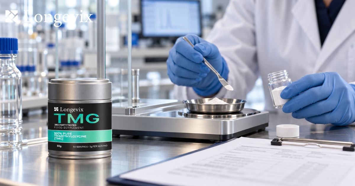 Scientist preparing a laboratory sample beside Longevix TMG powder