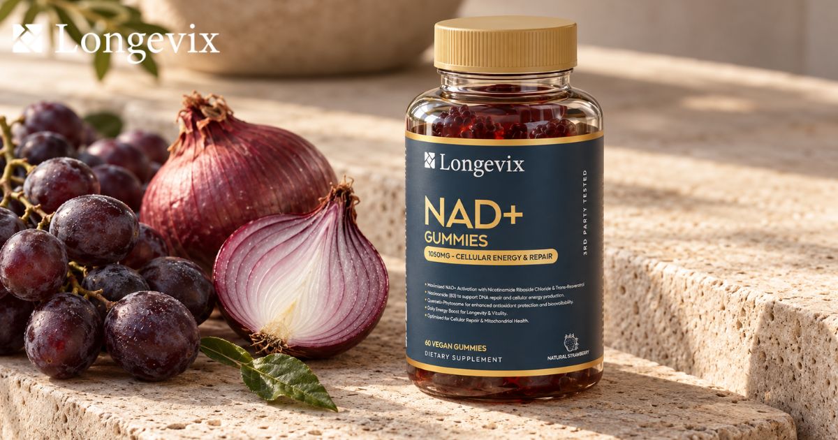 Longevix NAD+ Support Gummies bottle beside grapes and red onion in a botanical still life composition