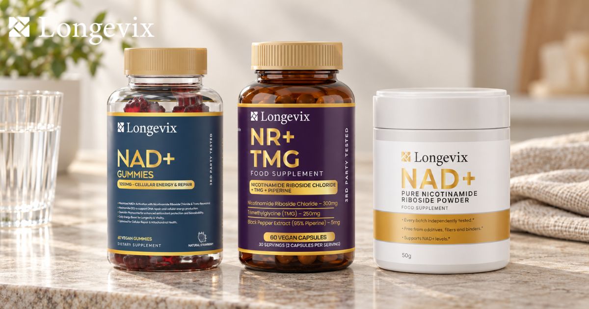 Longevix NAD+ Support Gummies, NR + TMG Capsules and Pure Nicotinamide Riboside Powder displayed together