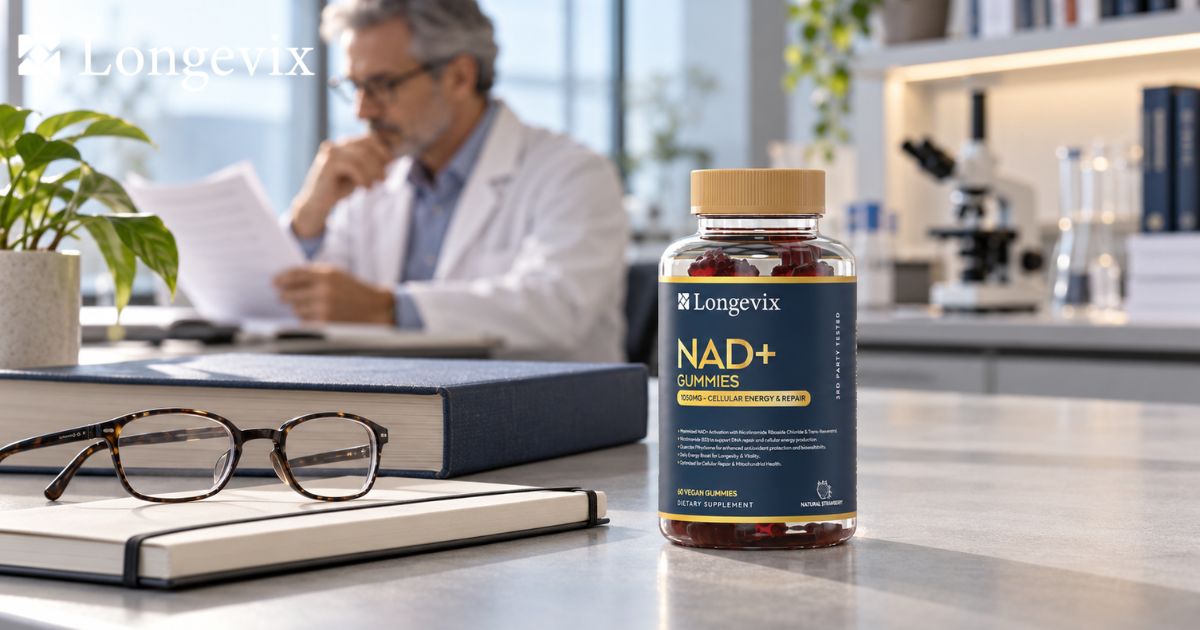 Longevix NAD+ Support Gummies on a research desk with scientific reading materials and a researcher behind
