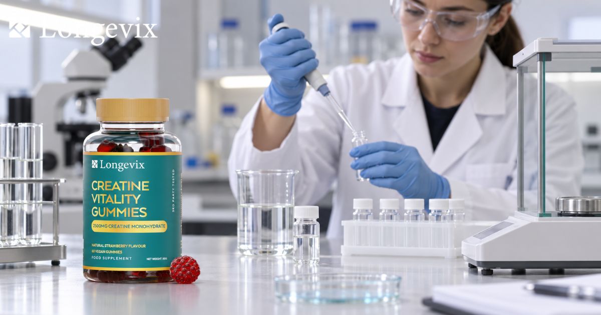 Scientist working with laboratory samples beside Longevix Creatine Vitality Gummies
