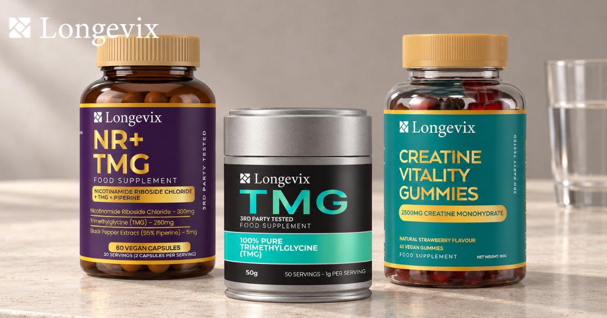 Longevix Pure TMG Powder, NR + TMG Capsules and Creatine Vitality Gummies arranged together for comparison
