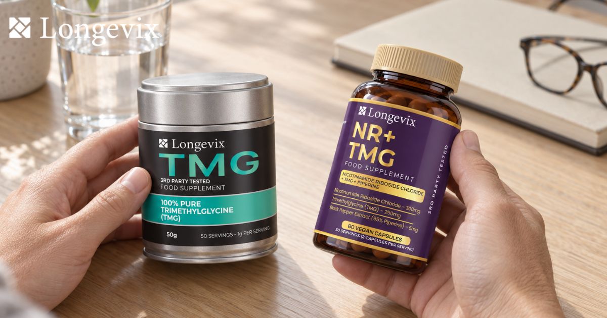 Person holding Longevix TMG powder and NR plus TMG capsules side by side